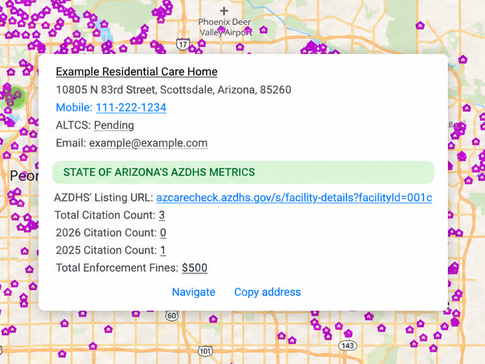A residential care home selected on the ElderLogic map, with its details open: address, mobile number, ALTCS status, email, and a block of state metrics holding a link to the home’s AZDHS listing, its citation counts for this year, for last year and in total, and its total enforcement fines.