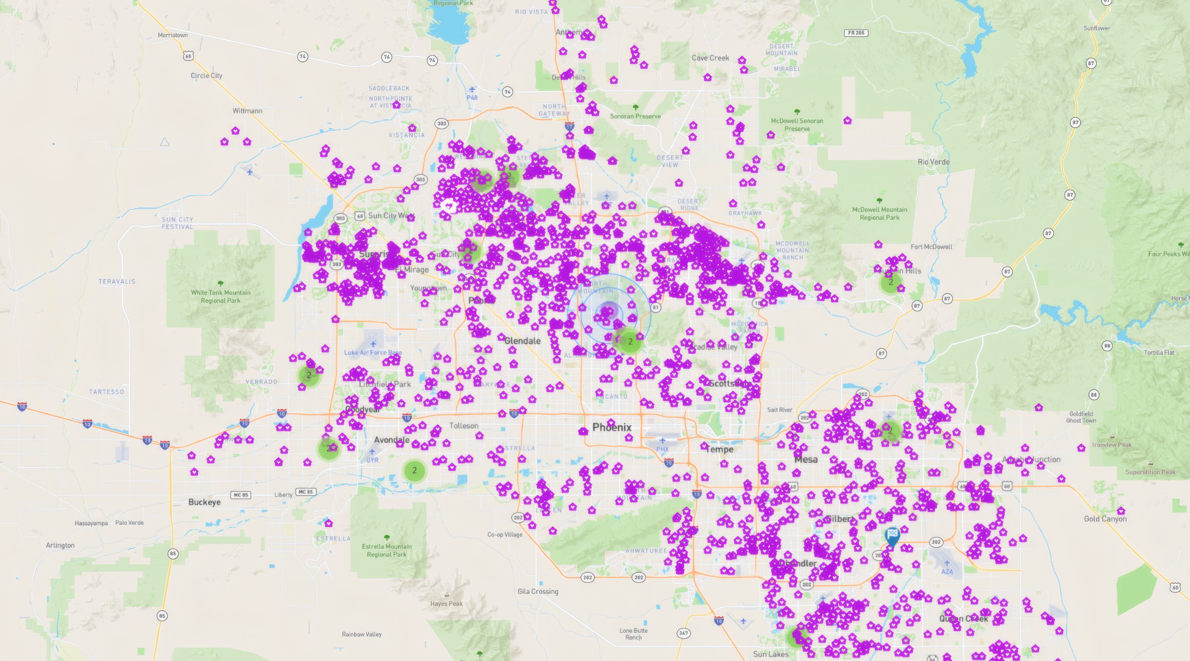 The ElderLogic map, showing licensed residential care homes across the Phoenix metro.