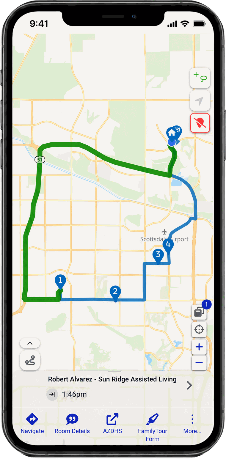 A routed day on a phone: four numbered stops joined in driving order, with Navigate, Room Details, AZDHS and FamilyTour Form along the bottom.